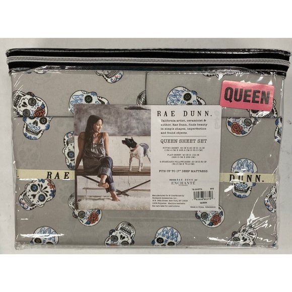 New Rae Dunn 4 Piece Queen Sheet Set Gray with Halloween Sugar Skull Print - Picture 2 of 2